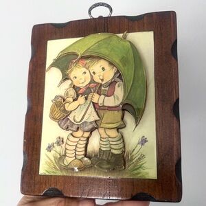 Vintage Hummel wall art girl and boy under umbrella good condition wood